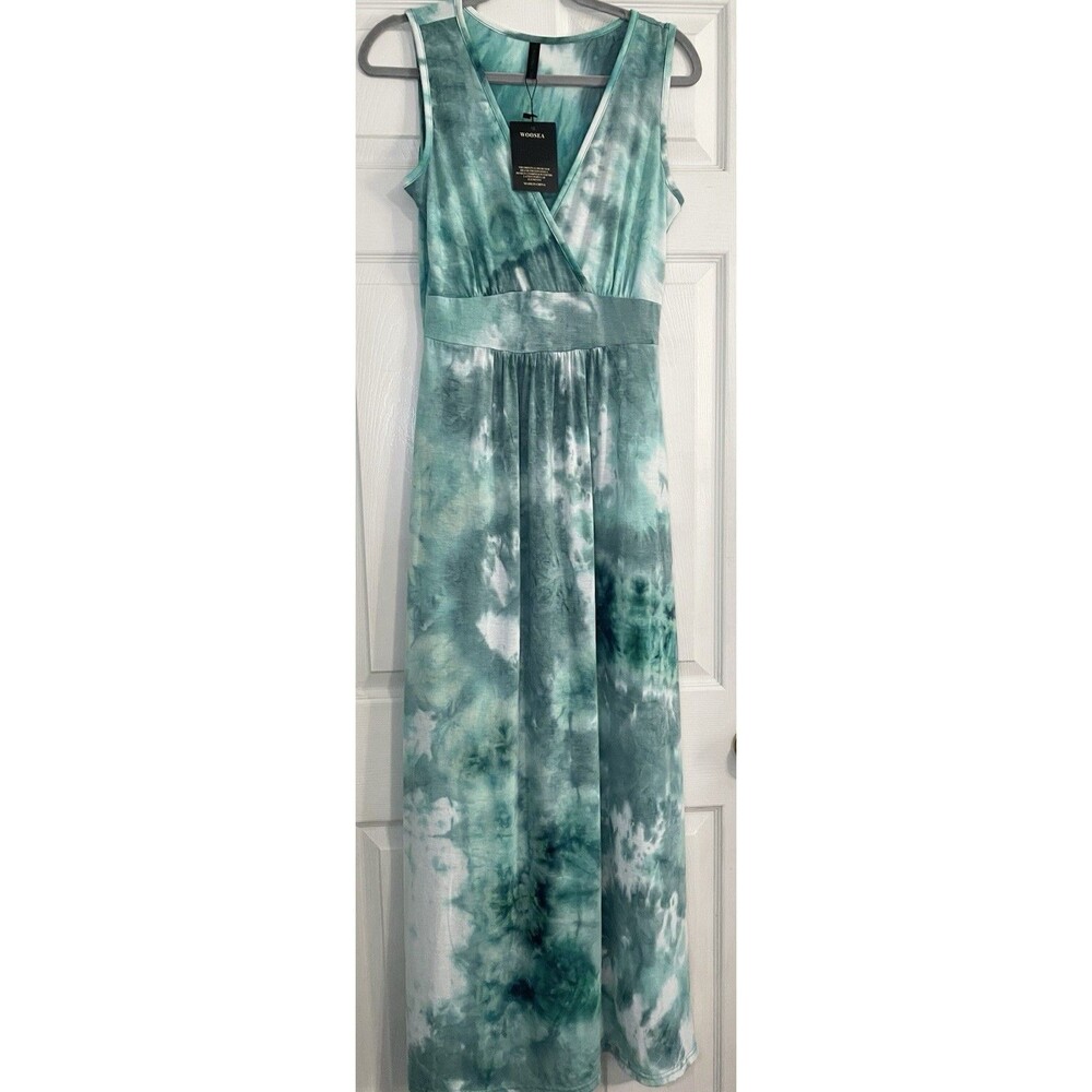 WOOSEA Size S Women’s Sleeveless Deep V-Neck Maxi Dress Blue Green Tie Dye Boho